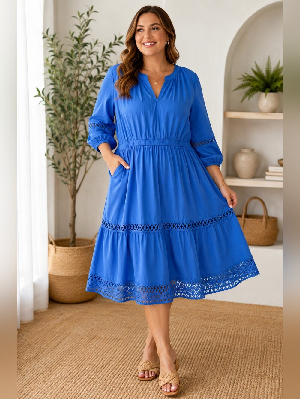 Wonderly Blue Boho Crochet Trim Tiered Peasant Dress XL Cottagecore Midi
